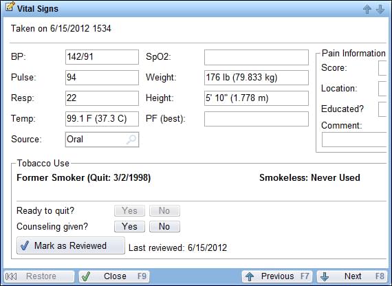 epic software ehr-emr vital signs menu.