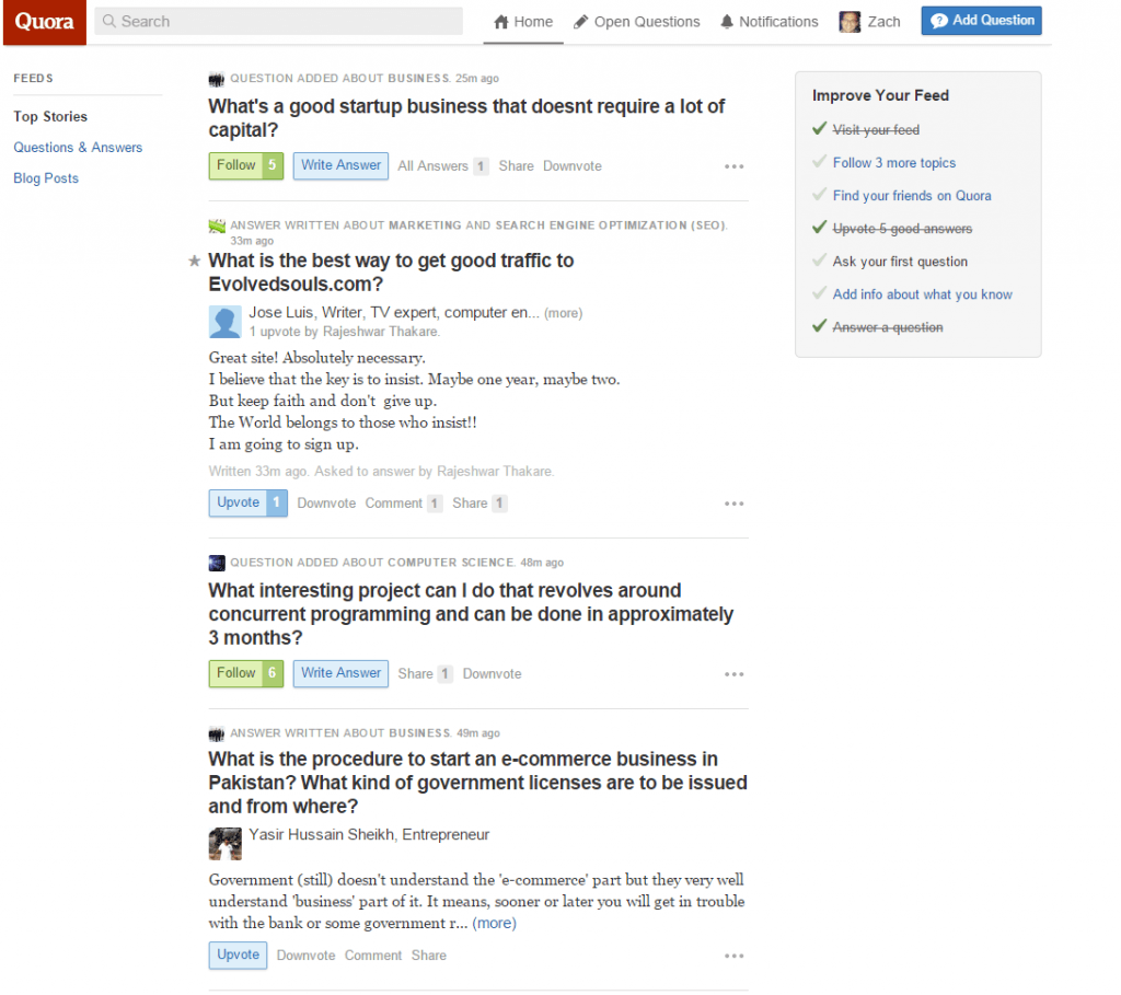 Screenshot of the Quora questions feed.