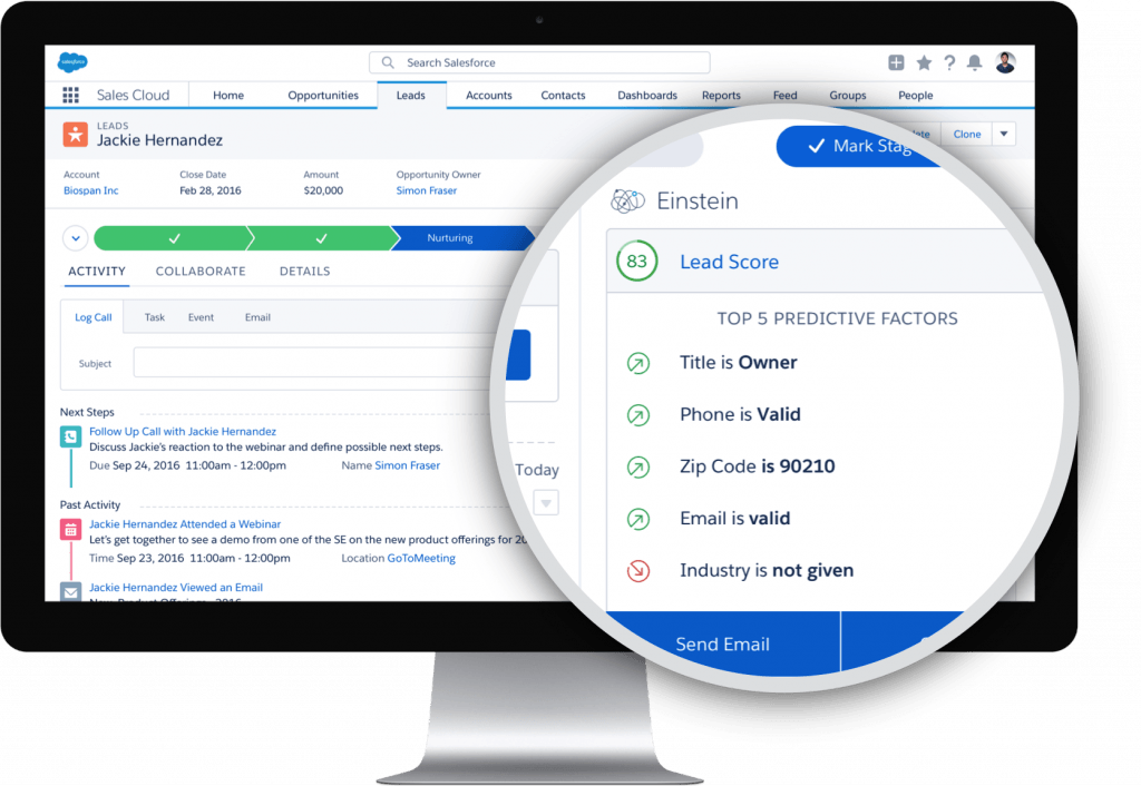 Screenshot of Salesforce Sales Cloud's predictive lead scorer, which uses Einstein AI to predict lead scores