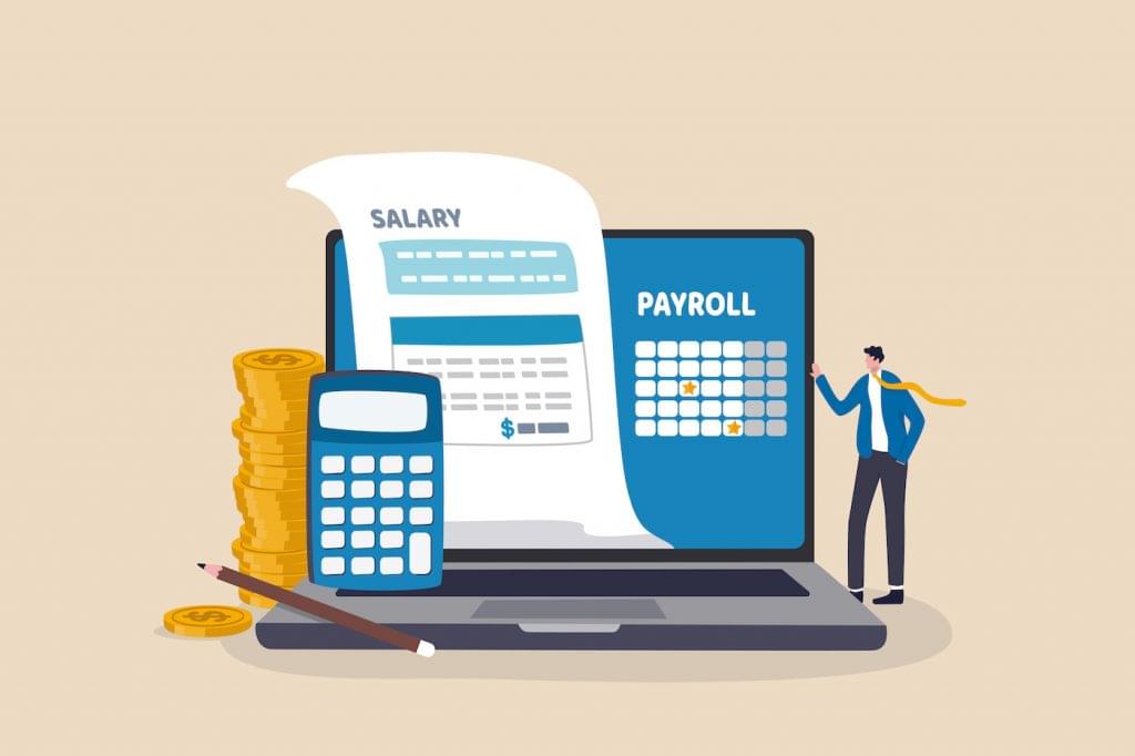Illustrated HR professional reviewing payroll elements: payroll schedule, salary documentation, calculator, coins, and computer. Represents the time frame for payroll processing.