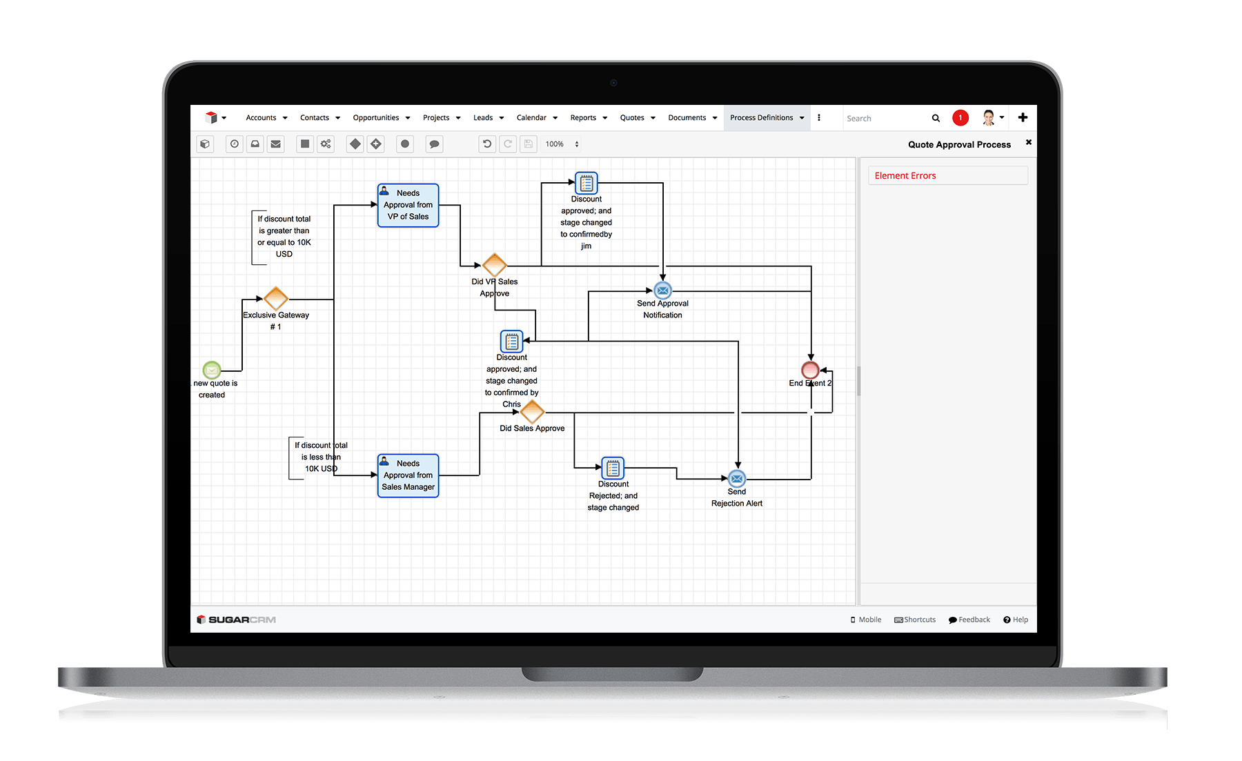 Screenshot showing an advanced workflow in SugarCRM.