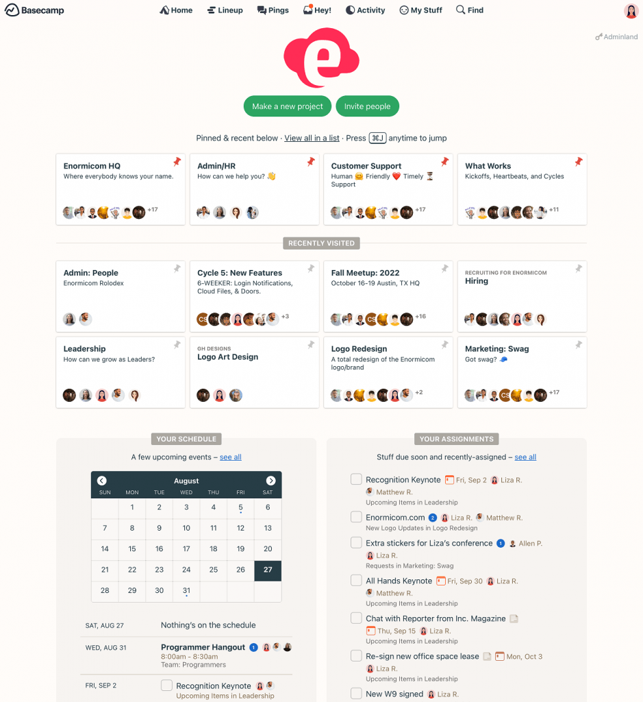 Basecamp's interface displays sections like Admin/HR, Customer Support, Leadership, and upcoming events on the schedule.