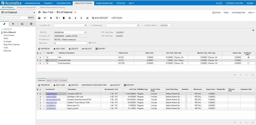 Screenshot of a bill of materials in Acumatica.