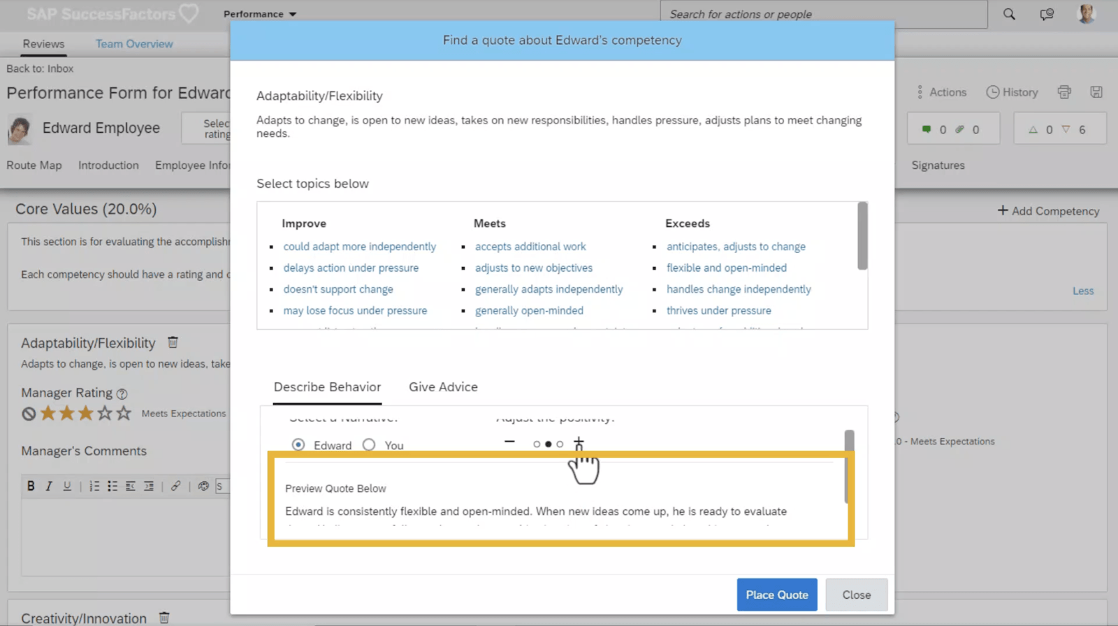 The SAP SuccessFactors platform displays suggestions for performance review quotes.