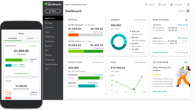QuickBooks dashboard view for both desktop and mobile