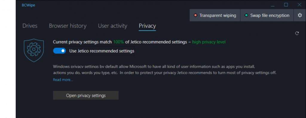 Screenshot of Jetico Bestcrypt BC Wipe Tool dashboard