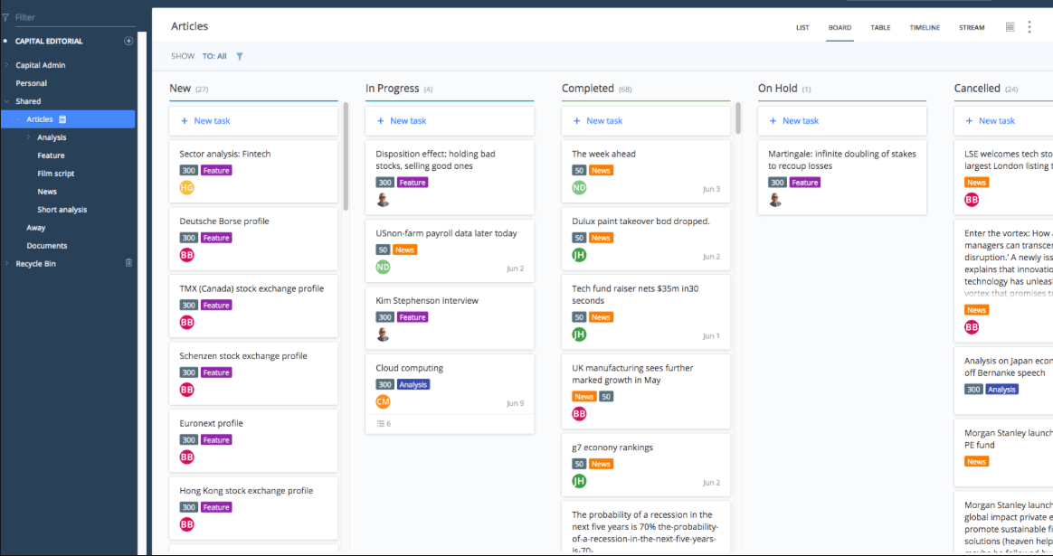 Screenshot of an agile project management agency scrum board.