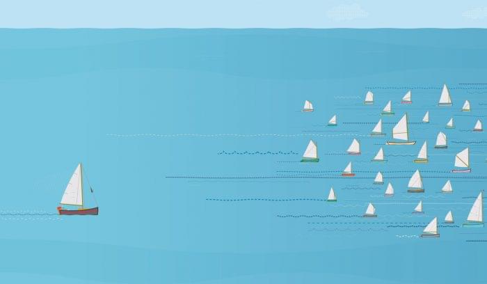 Sailboat in last place in a sailboat race