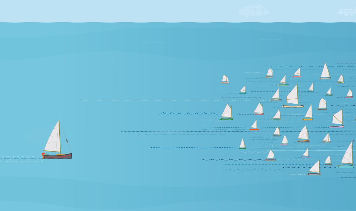 Sailboat in last place in a sailboat race