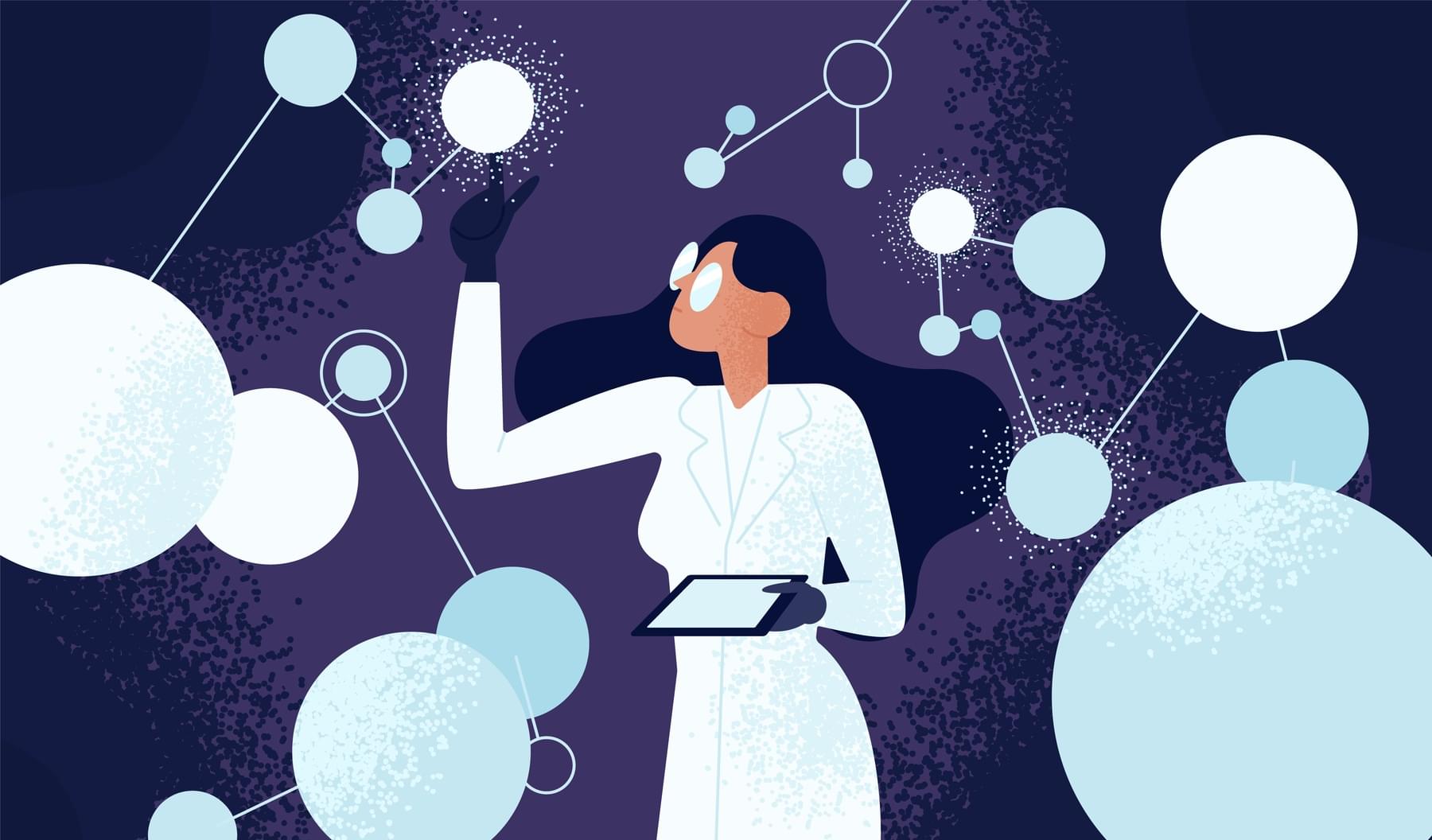 Cartoon female scientist holding a tablet examines neural networks