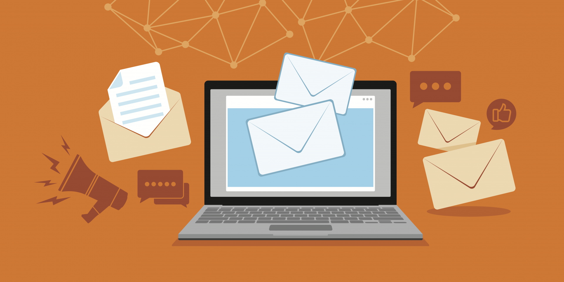 Illustration of a laptop computer sending emails against an orange backdrop