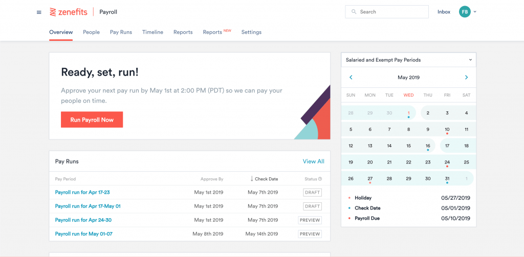 Screenshot of the payroll feature in Zenefits