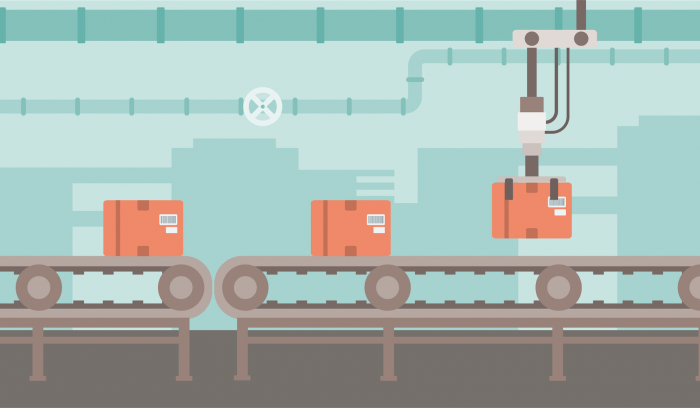 Illustration of boxes moving along a conveyor belt on a factory floor