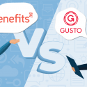 Graphic showing a man and a woman debating over Zenefits and Gusto