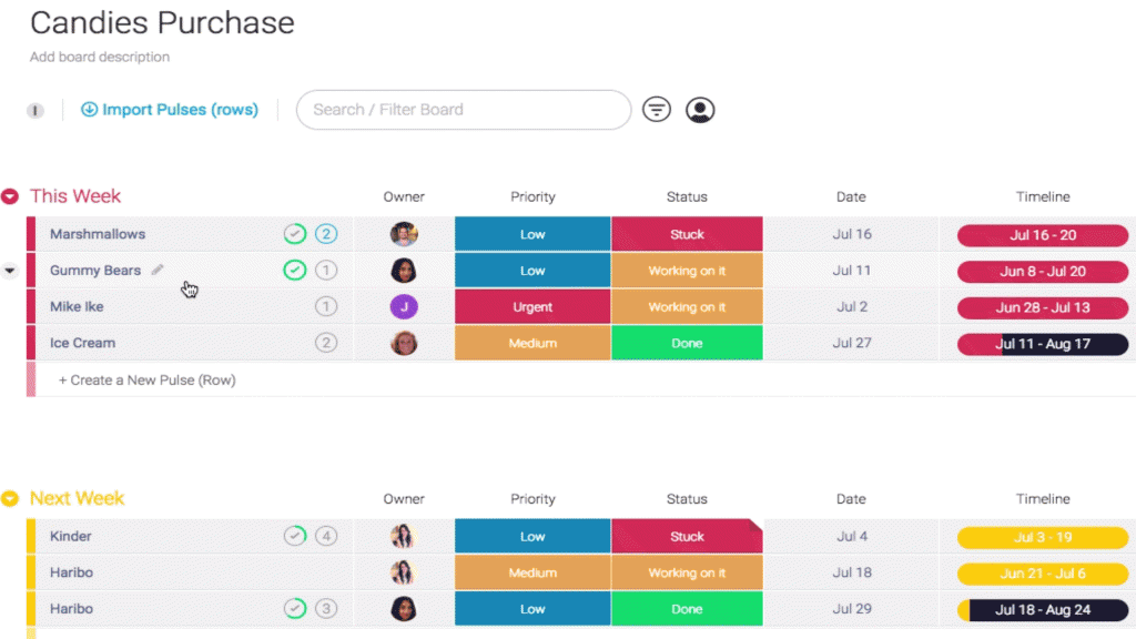 GIF showing how you can drag and drop Pulses in Monday.com.