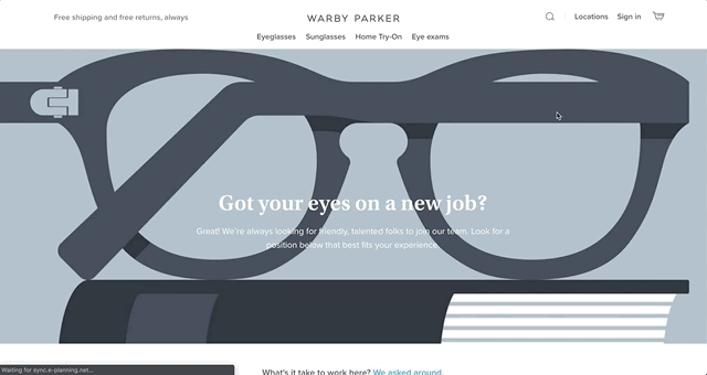 A GIF showing the careers page for Warby Parker, built using Greenhouse.