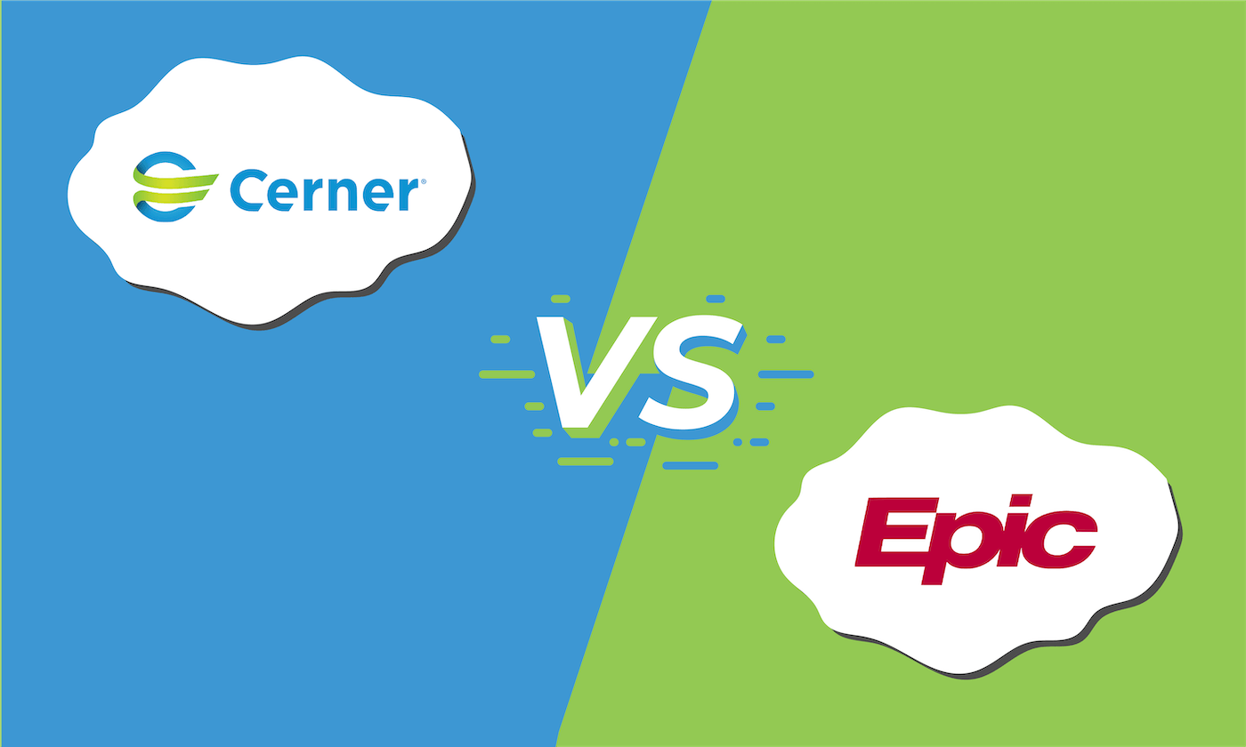 Illustration showing the Cerner logo in the top left corner and Epic in the lower right corner with "vs." in the middle.