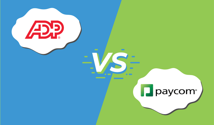 Graphic showing the logos for ADP and Paycom with "vs" in between them.
