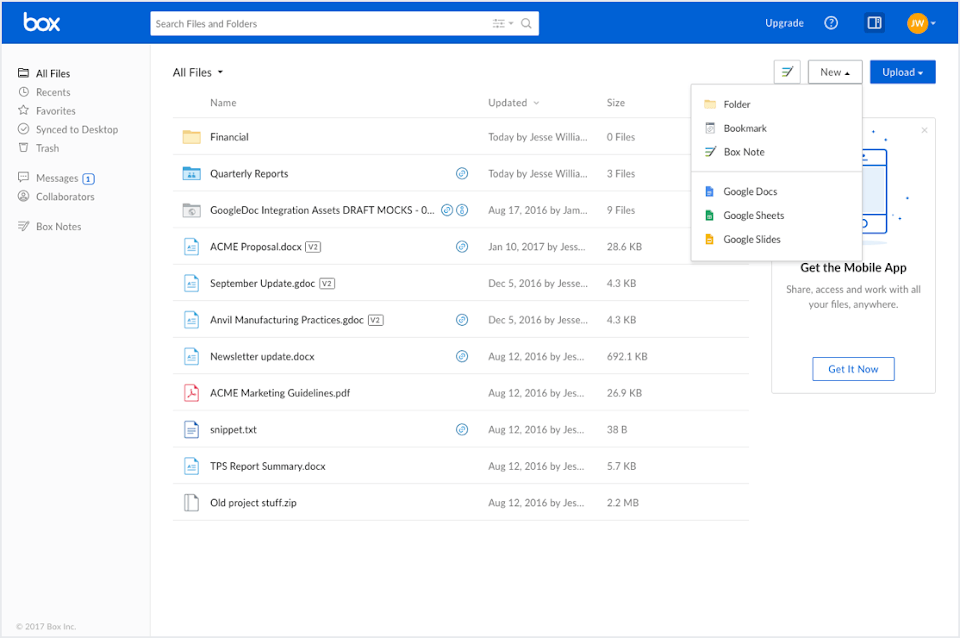 Storage Section of Box for Business Desktop