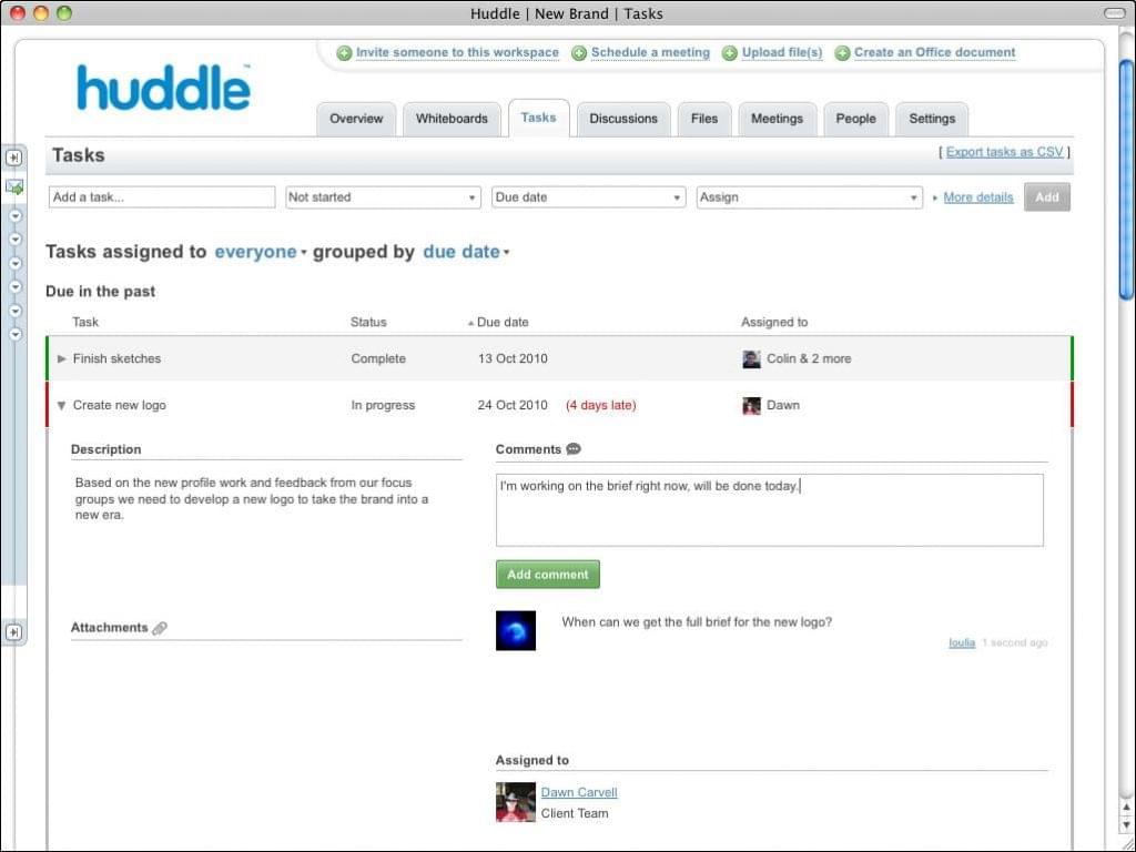 Huddle Project Management Screen Example on Desktop