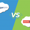 The logos for SugarCRM and SuiteCRM with "vs" in the middle.
