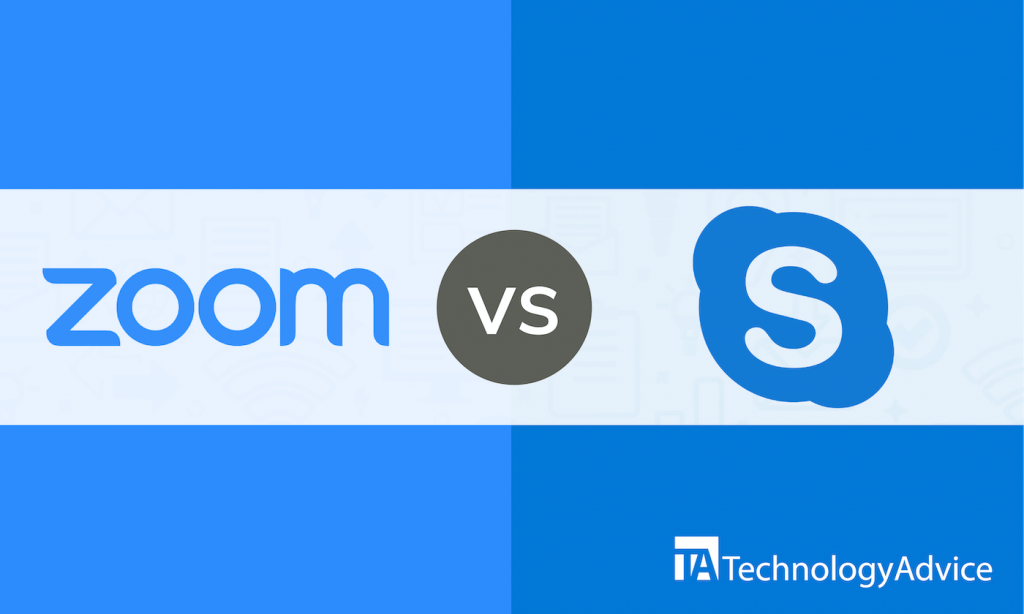 An illustration showing the logos for Zoom and Skype with "vs" in the middle.