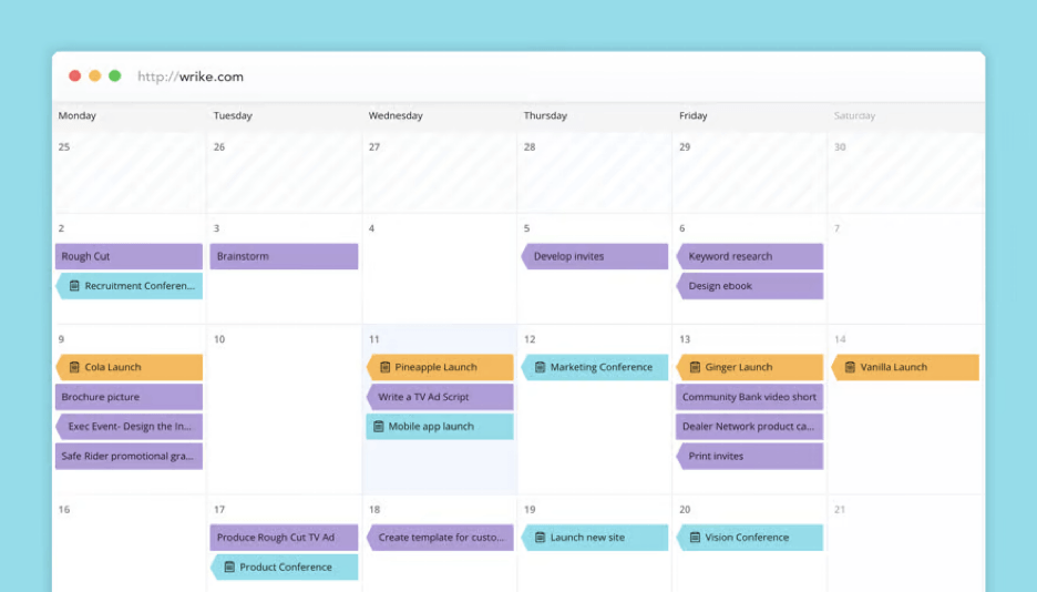 Wrike's Gantt chart capability provides an at-a-glance calendar view of assigned tasks.