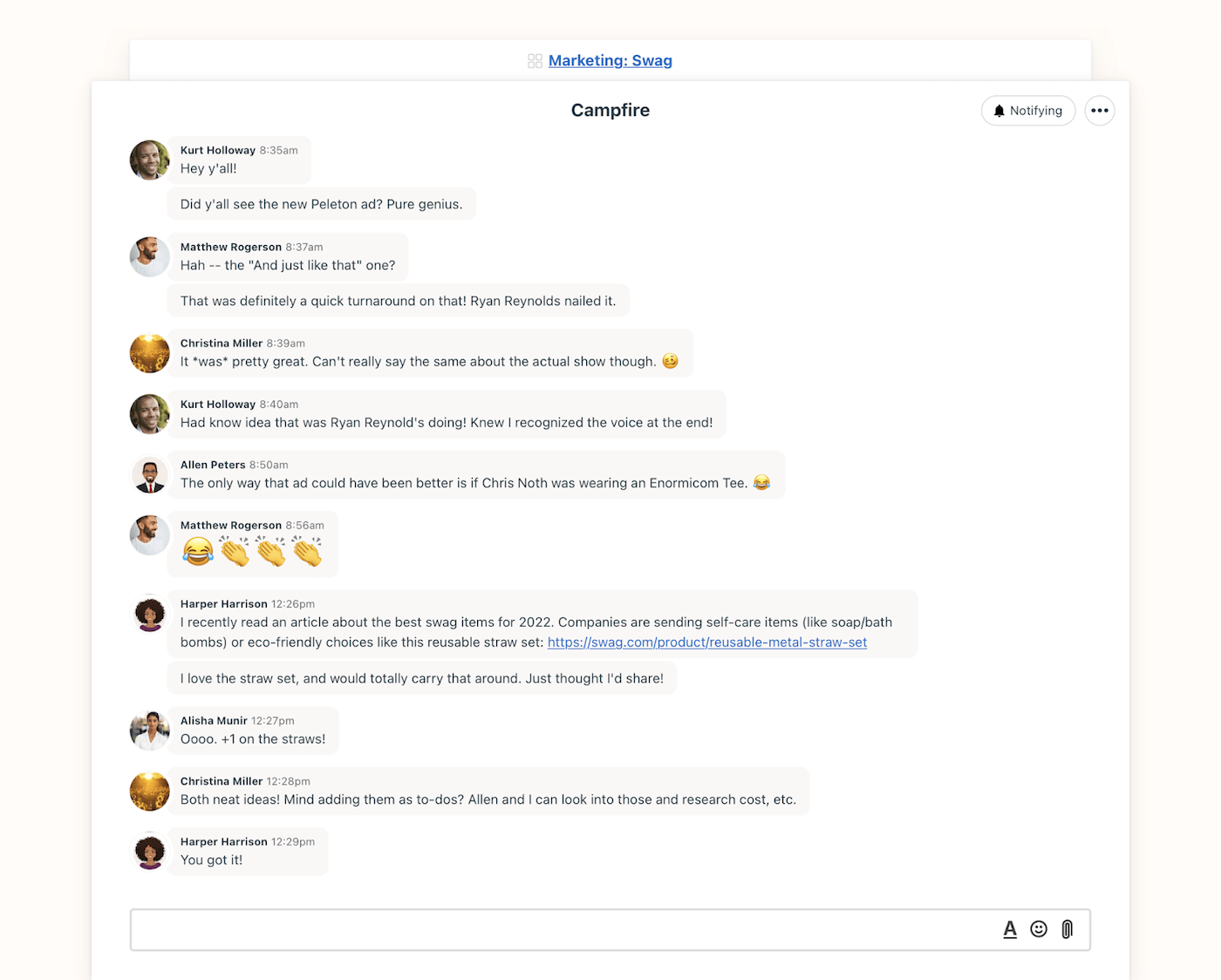 Basecamp’s Campfire feature allows group conversations to take place organically.