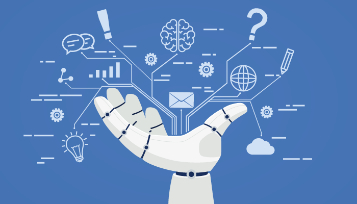 A robot hand holds various different icons representing email, artificial intelligence, and natural language processing.