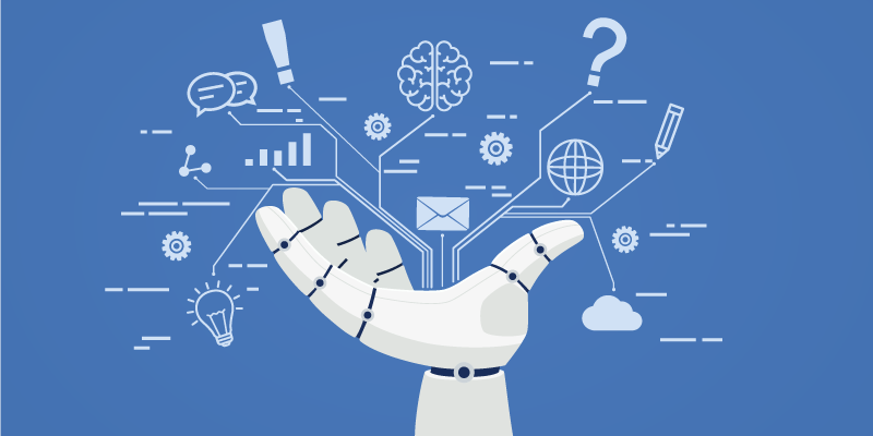 A robot hand holds various different icons representing email, artificial intelligence, and natural language processing.