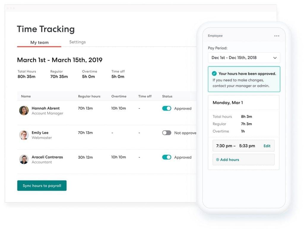 Manage employees' work time and time-off requests directly from within Gusto's time-tracking module.