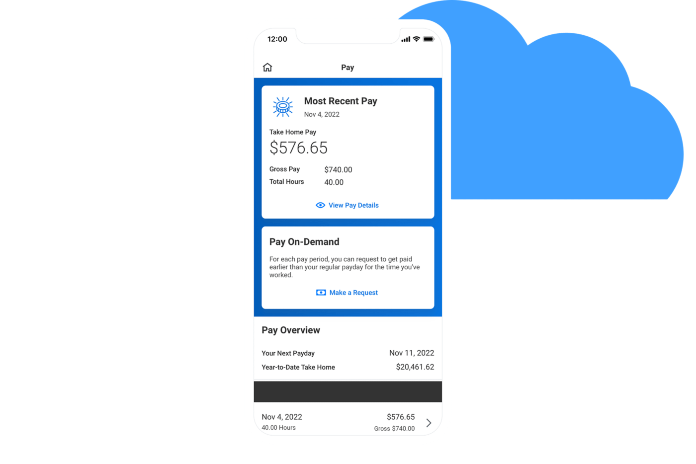 Screenshot of Workday pay on-demand feature.