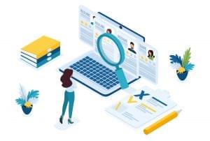 Isometric HR Manager, business recruiting manager reviews the resume options on the site. Represents the process of creating an effective job description.