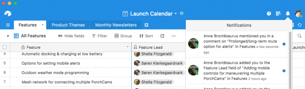 notifications in Airtable task management.