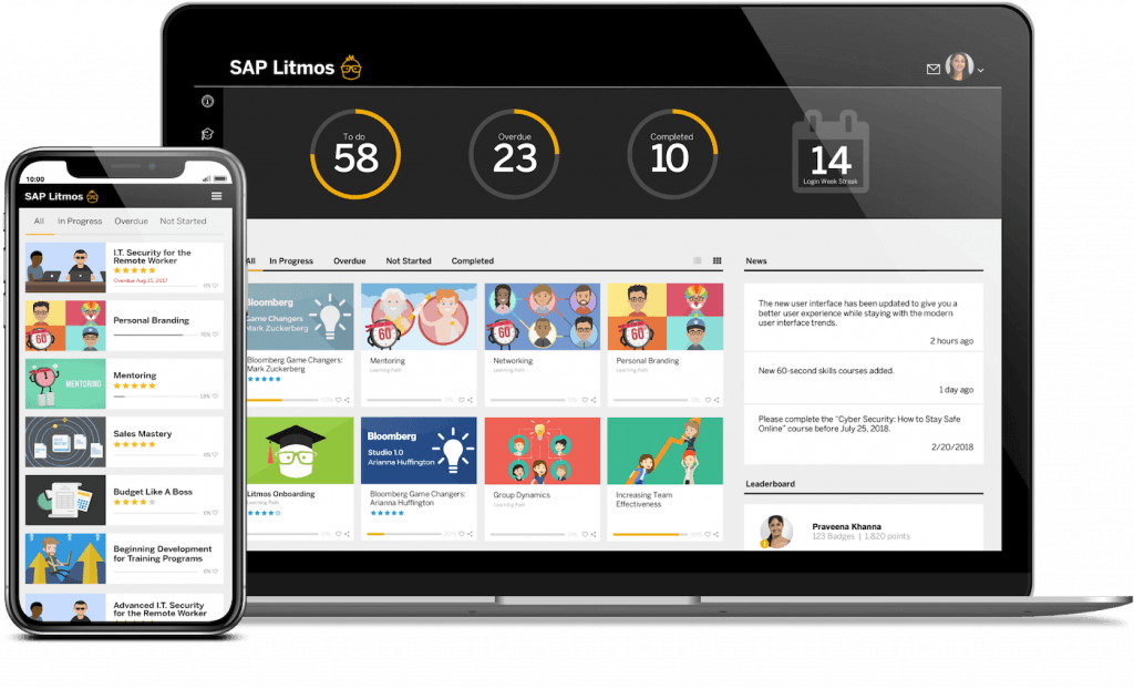SAP Litmos displays learning modules on desktop and mobile apps.