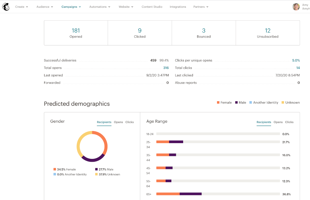 MailChimp marketing analytics reporting.