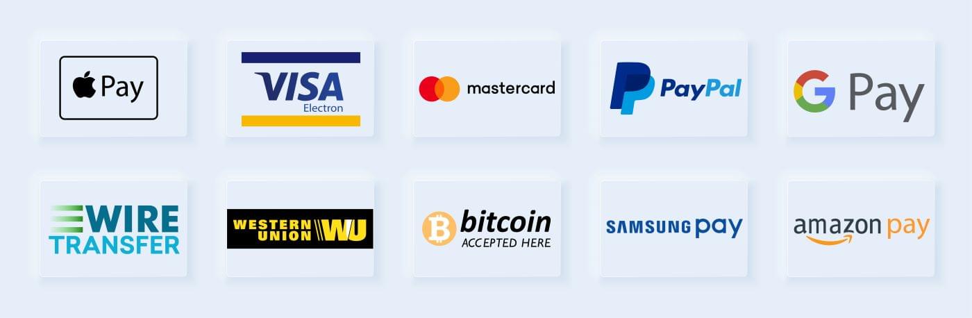 Logos for a variety of different payment options, including Visa, Mastercard, PayPal, and Apple Pay.