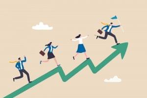 Illustration of employees running up performance graph. Meant to represent the business benefits of employee performance management.