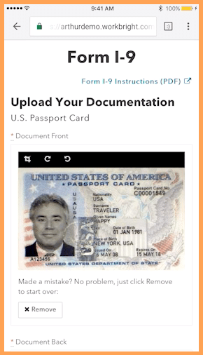WorkBright's Smart I-9 feature displays a photo of the user's passport card.