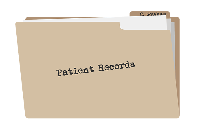A folder with "patient details" stamped over it.