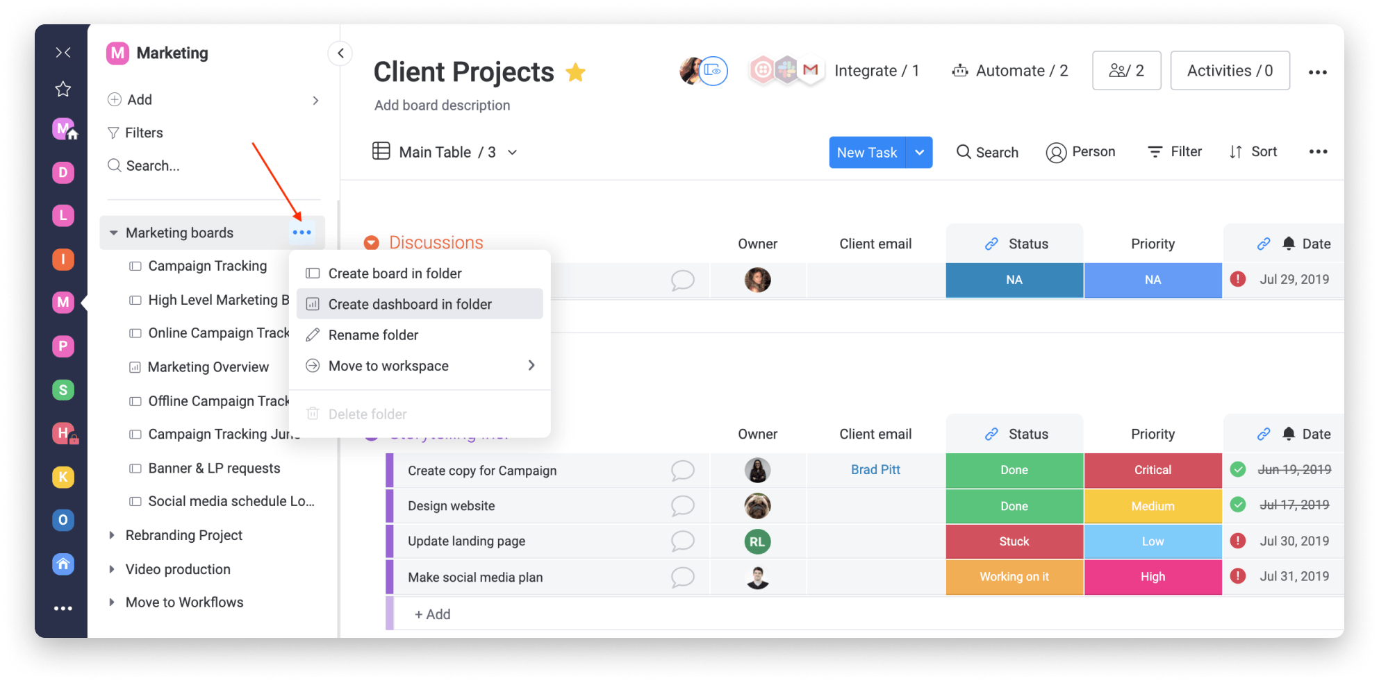 Monday.com project management client dashboard.