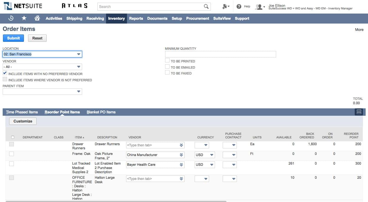 Oracle Netsuite ERP and inventory management software dashboard.