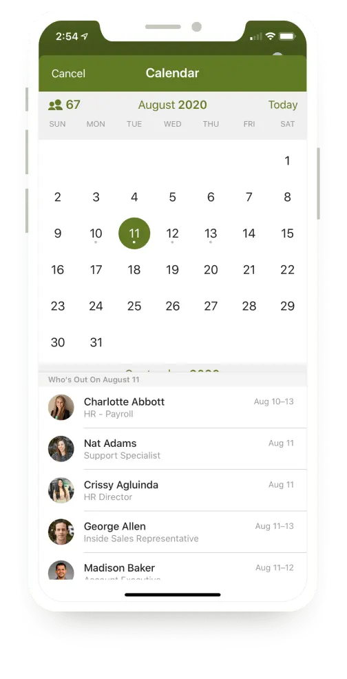 BambooHR's mobile app displays a company-wide calendar.