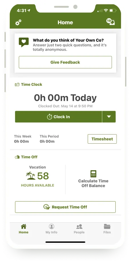 BambooHR's mobile app displays schedule and time management features and a prompt to provide feedback.