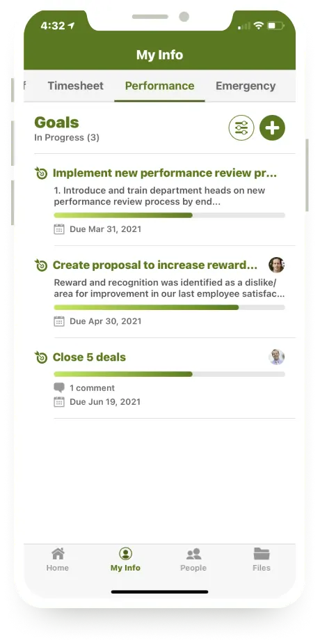 BambooHR's mobile app displays progress toward a performance goal