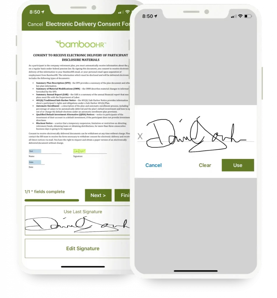 BambooHR's mobile app displays e-signature fields on a business contract.