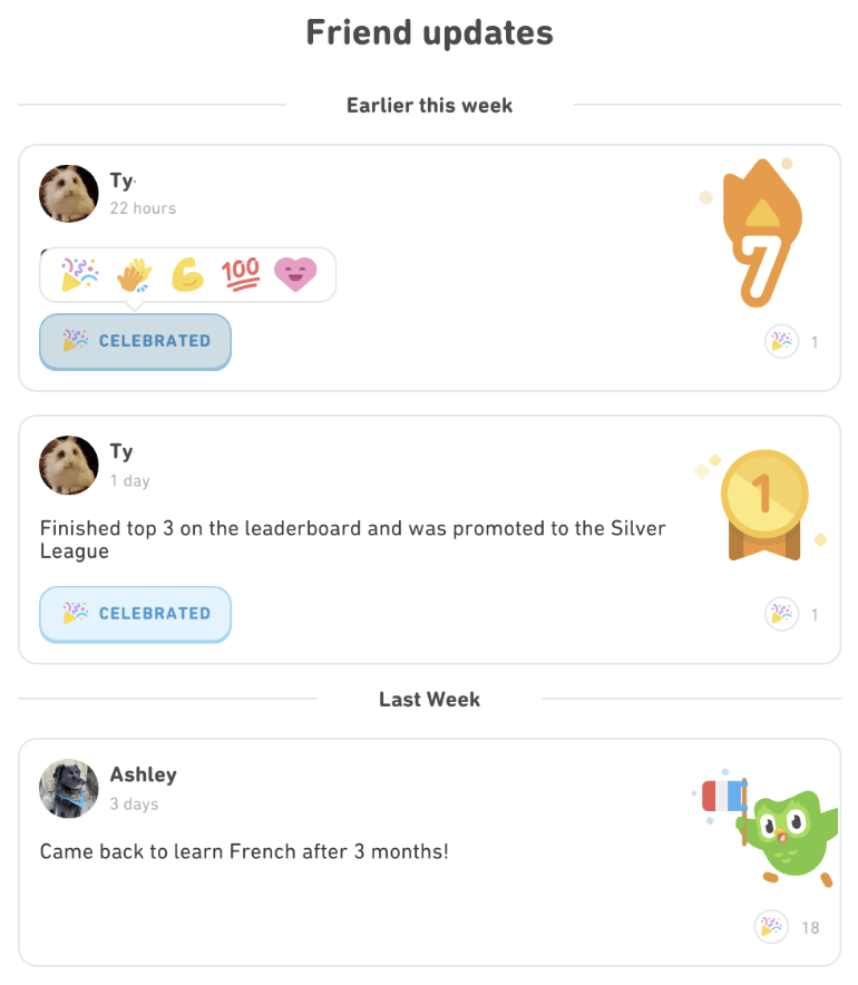 Screenshot of Duolingo's friend updates