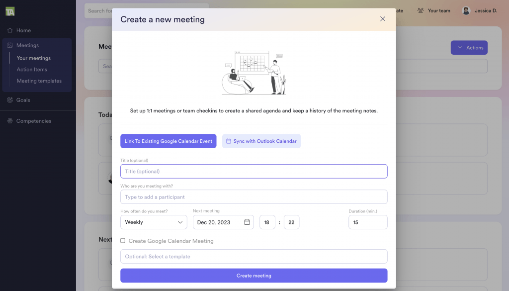 Leapsome displays a create a new meeting pop-up window with fields to title the meeting, select a meeting frequency, and sync it to your Google or Outlook calendars.