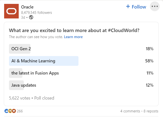 Oracle LinkedIn post showing polling options.