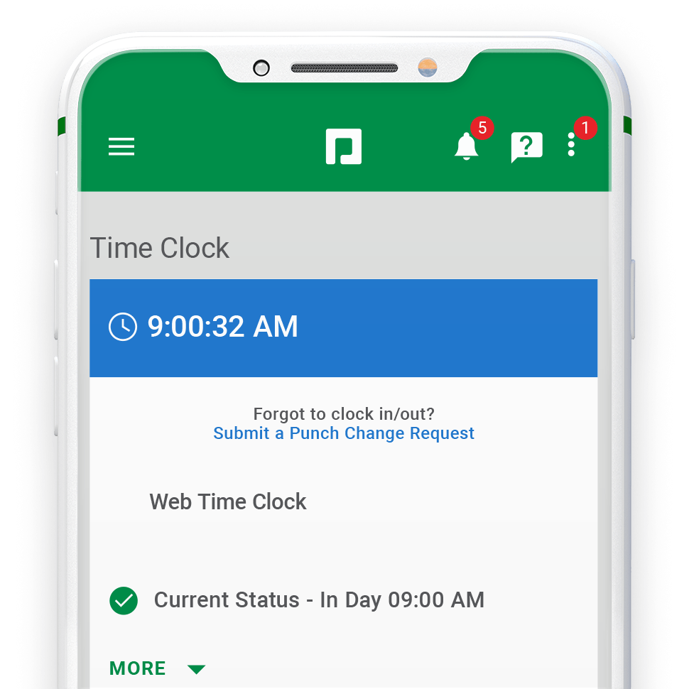 Screenshot of Paycom time clock mobile app.